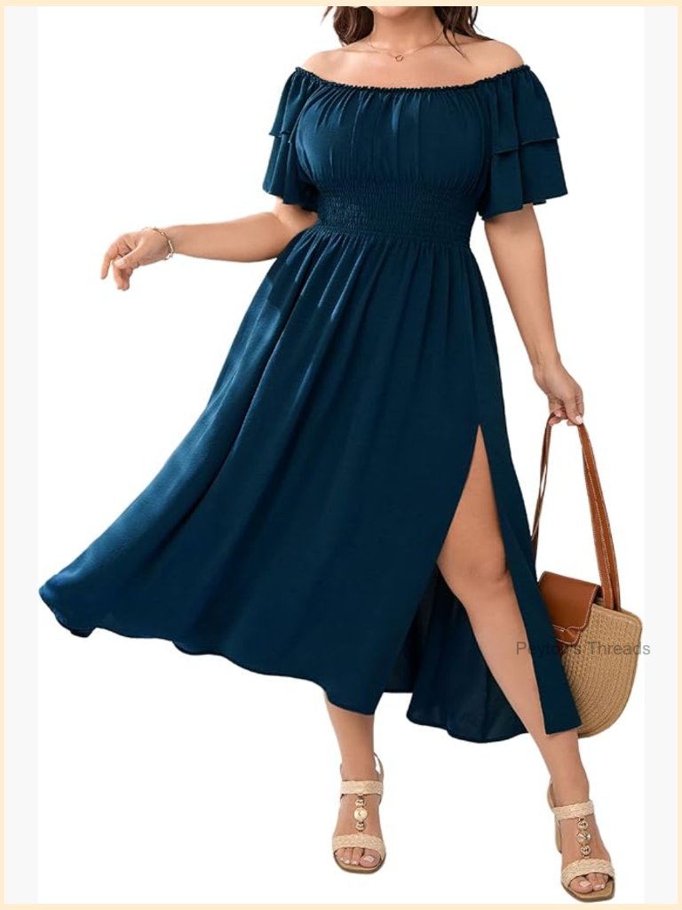 Plus Size Maxi Dress Off Shoulder Ruffle Smocked High Split
